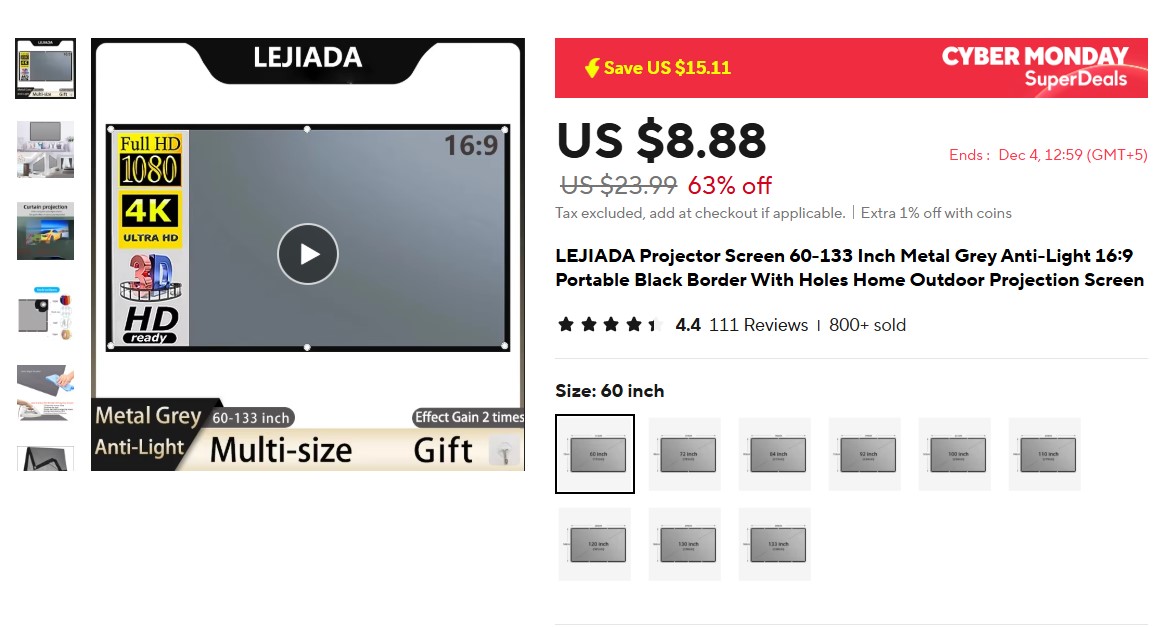 LEJIADA Projector Screen 60-133 Inch Metal Grey Anti-Light